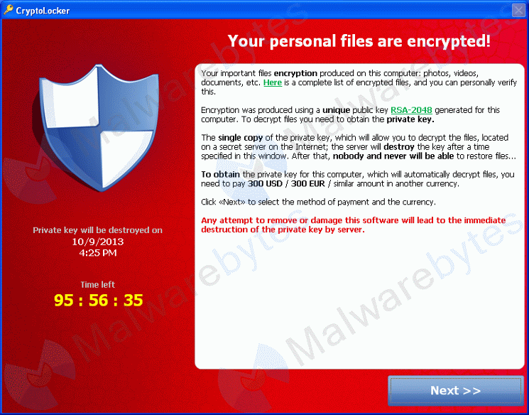 Pantalla de ejemplo ransomware